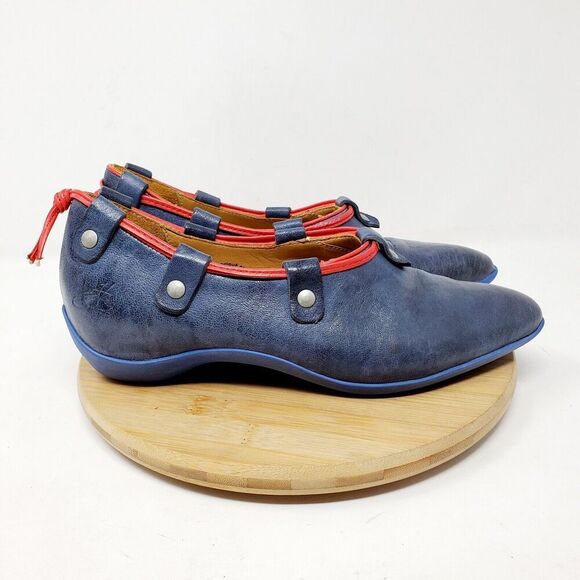 John Fluevog Vigor Shoes Womens 7.5 Slip On Blue Red Power Up Stud Lacing Flats - Picture 2 of 11